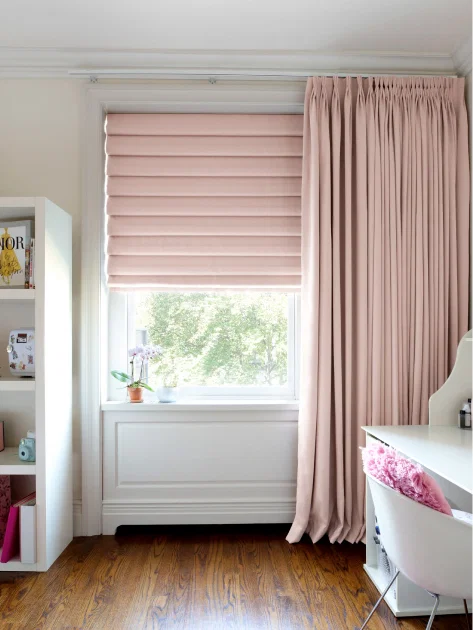 Roman shades with soft fabric folds